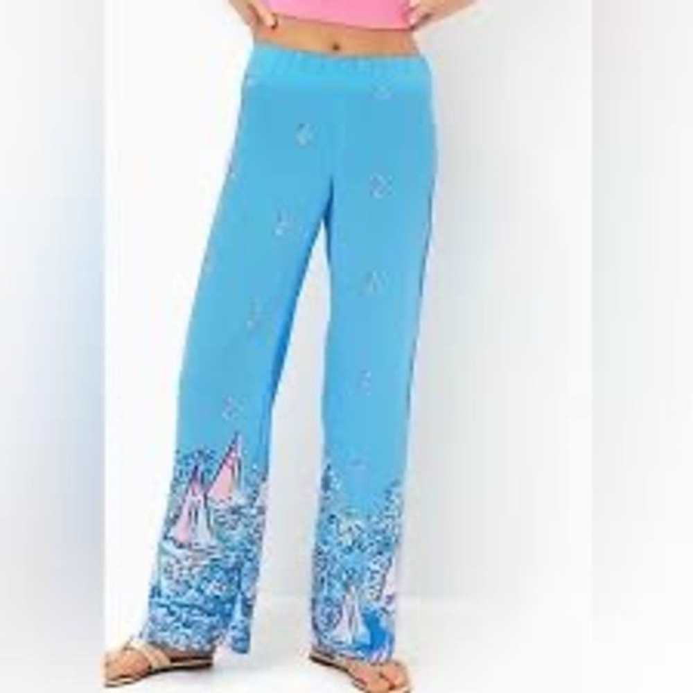 Lilly Pulitzer Blue Nautical Sailboat‎ Anchor Wide Leg Beach Pants Large
